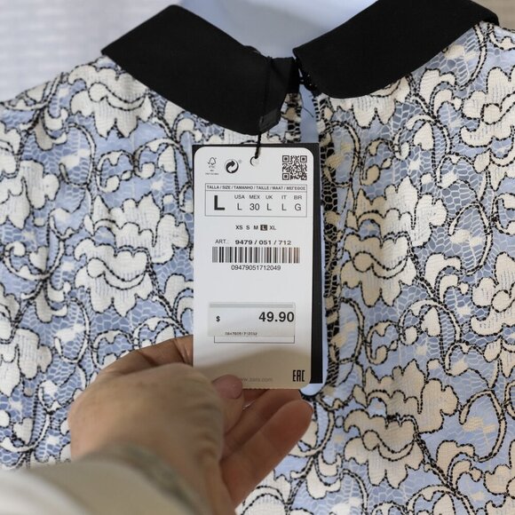 NWT Zara Woman Size L black/white lace short sleeve top w/black Peter Pan collar - Picture 10 of 11